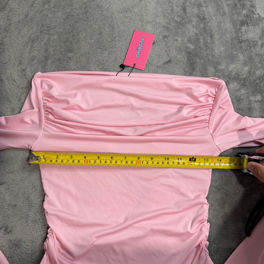 NEW Edikted S14921 Light Pink Ruched Off Shoulder Bell Sleeve Top Small - Picture 6 of 8